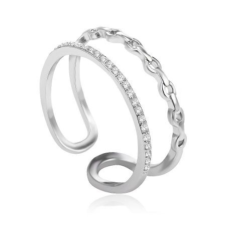 Layered Delicate Ring - A close-up of the Layered Delicate Ring, featuring a rhodium-plated band with a distinctive chain-link design alongside a parallel band set with sparkling cubic zirconia stones.