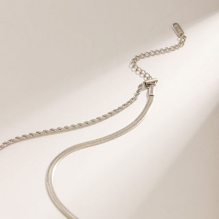 Detailed shot of the silver chain necklace, showing the texture and clasp mechanism.