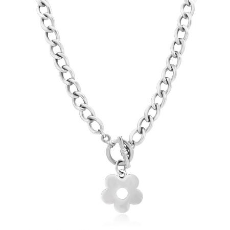 Daisy Choker Chain Necklace Wholesale - Close-up of the Daisy Choker Chain Necklace (JRN-014) showcasing the polished daisy charm on a rhodium-plated silver chain.