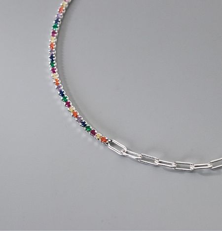Detailed view of the silver-plated Multi CZ Paper Clip Chain Bracelet, highlighting the colorful gemstones and lobster clasp.