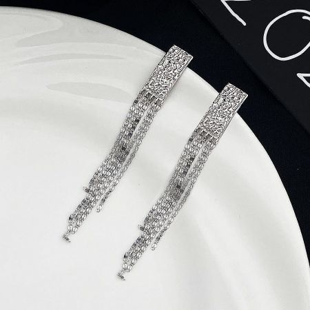 925 Sterling Silver Rectangle Charm Long Drop Tassel Earrings - A pair of 925 sterling silver long drop tassel earrings with a rectangular charm and delicate chain design, displayed on a clean white background.