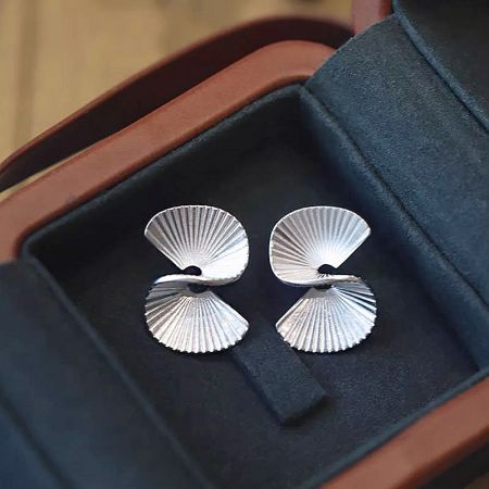 925 Sterling Silver S-shaped Arc Fan Stud Earrings (5 pairs) - A pair of 925 sterling silver S-shaped arc fan stud earrings elegantly displayed in a brown jewelry box with a black velvet interior.
