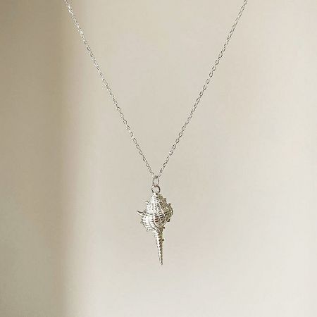S925 Sterling Silver Sea Beach Conch Shell Pendant Necklace Set of 5 - A detailed studio shot of the S925 Sterling Silver Sea Beach Conch Shell Pendant Necklace, highlighting the intricate design of the silver shell.