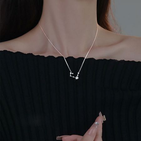 Sterling Silver Lucky Seven Stars and Pentagram Necklace Set - A model wearing the 925 sterling silver constellation pendant necklace, showcasing its elegant design against a black top.