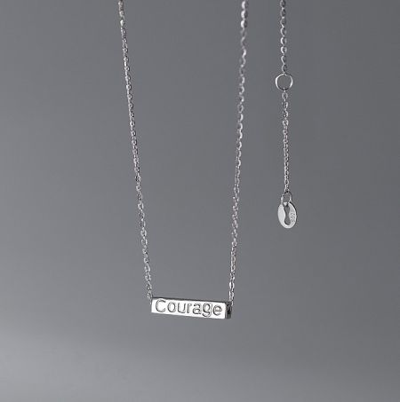 925 Sterling Silver Custom Engrave Pendant Necklace - A close-up of a 925 sterling silver pendant necklace with the word 'Courage' engraved on a rectangular tag, showcasing the custom engraving option.