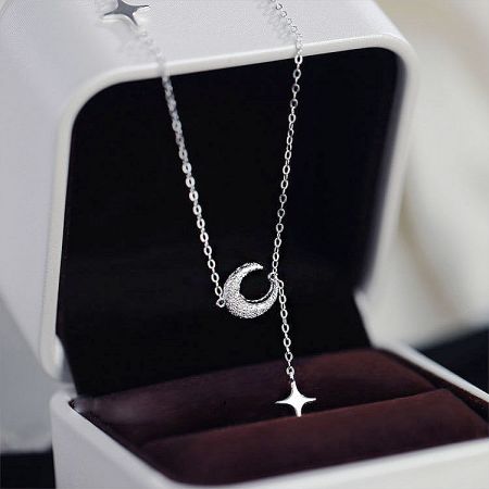925 Silver Moon Scrub Pendant Star Tassel Necklace Set of 5 - A delicate 925 sterling silver necklace with a crescent moon and star tassel pendant, elegantly displayed in a white jewelry box.