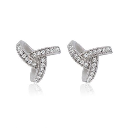 Love Knot Me Earrings - A pair of Love Knot Me stud earrings in rhodium-plated brass, featuring a crisscross design studded with sparkling cubic zirconia.