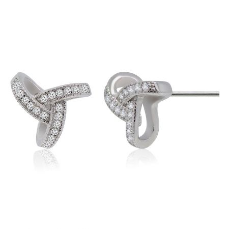 Front and back view of the Love Knot Me earrings, showing the post closure and detailed cubic zirconia setting.