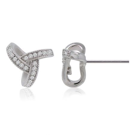 Close-up detail of a single Love Knot Me earring, highlighting the intricate crisscross pattern and brilliant gemstones.