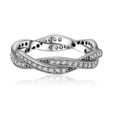 925 Silver Braided Pave Ring - A close-up of the 925 sterling silver braided pave ring, showcasing its intricate crisscross design and sparkling cubic zirconia stones on a white background.