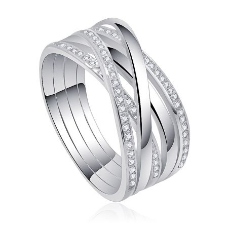 Detailed side view of the Crossover X Bliss Ring highlighting the rhodium plating and sparkling cubic zirconia.