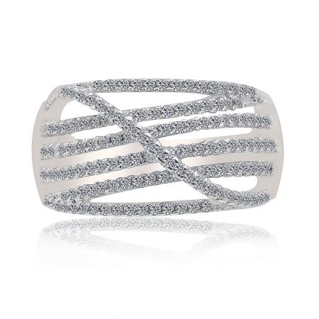 Sophisticate Ring - A close-up of the Sophisticate Ring, featuring a silver-toned crisscross band encrusted with sparkling cubic zirconia stones, worn on a finger to showcase its elegant design.