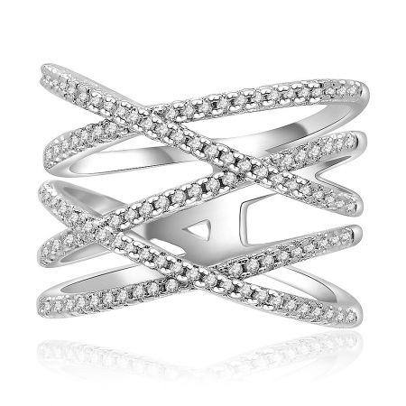 Wide Crossover X Bliss Ring - A close-up of the Wide Crossover X Bliss Ring, showcasing its intricate silver crisscross design studded with sparkling cubic zirconia stones.