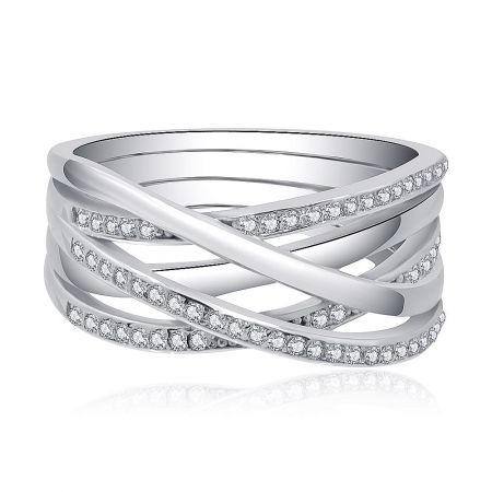 Crossover X Bliss Ring - Front view of the Crossover X Bliss Ring, showcasing its intricate criss-cross design with three interlaced bands studded with sparkling cubic zirconia stones.