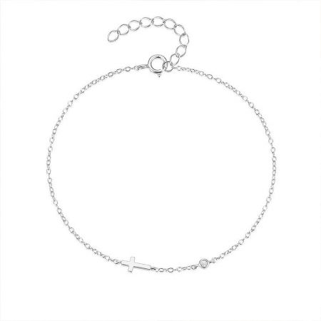 Close-up view of the cross charm and clasp detail on the sterling silver bracelet.