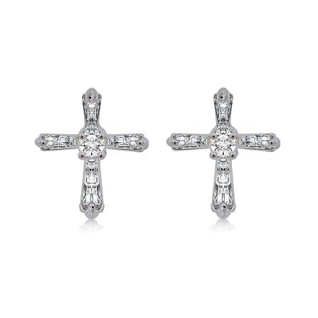 Vatican Cross Earrings - Close-up of Vatican Cross Earrings, rhodium-plated brass studs with sparkling white cubic zirconia in a cross design.
