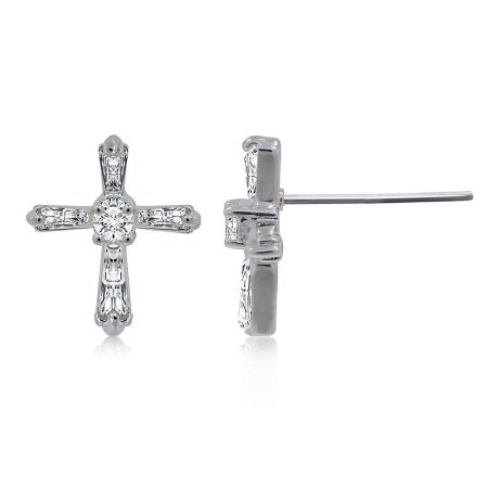 Detailed shot of a single Vatican Cross earring, emphasizing the quality of the rhodium plating and the clarity of the gemstones.