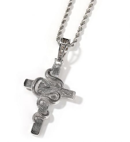 A custom hip hop cross pendant with an intricate snake design wrapped around it.