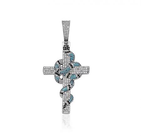 A sterling silver cross pendant featuring a unique twisted rope detail in the center.