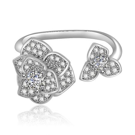 Cubic Zirconia Rose Flower Ring - A rhodium-plated Cubic Zirconia Rose Flower Ring, showcasing its intricate floral design and sparkling white CZ stones on a white background.