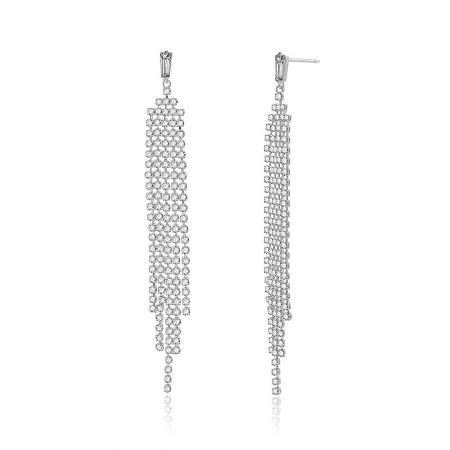 Close-up of the silver dangle chandelier earrings, highlighting the rectangular top and cascading gemstone chains.