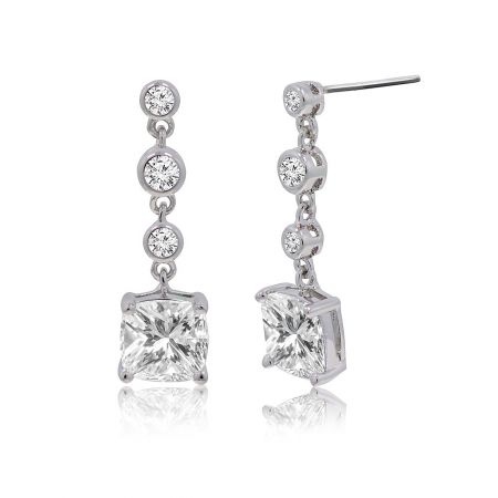 Side view of the swing cushion cut drop earrings, showcasing the elegant dangle design and the sparkle of the clear cubic zirconia gemstones.