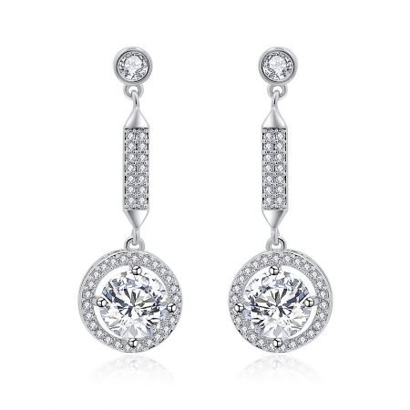 Twilight Sparkling CZ Halo Round Earrings - A pair of Twilight Sparkling CZ Halo Round Earrings, showcasing their silver dangle design with a large circular cubic zirconia pendant.