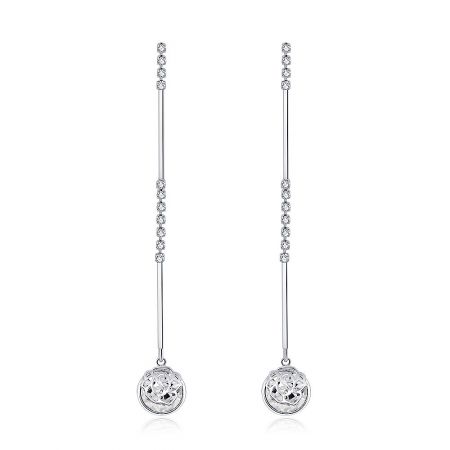 Cup Rose Long Drop Dangling Earrings - A pair of Cup Rose Long Drop Dangling Earrings in rhodium-plated brass, featuring a slender design with sparkling clear cubic zirconia accents and a circular pendant.