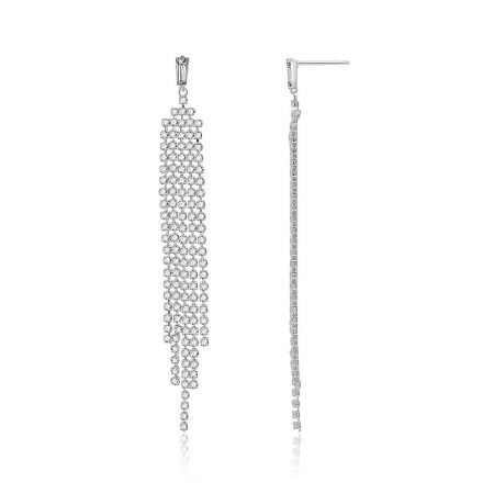 Detailed view of the long, dangling CZ chandelier earrings showcasing the high-quality cascading crystals.