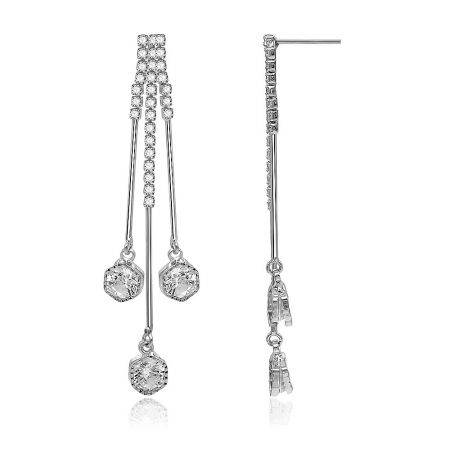Detailed side and front view of the Triple Clear Round Long Drop Earrings, highlighting the intricate crystal settings.