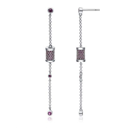 Detailed view of the silver dangling earrings with purple gemstone accents, showing the stud, gemstone-encrusted cylinder, and beaded chain.