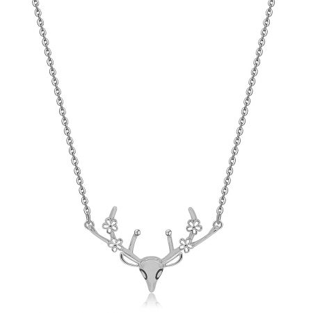 Delicate Deer Antler Necklace - Close-up of the delicate deer antler necklace, showcasing the silver deer head pendant with intricate floral details on the antlers and sparkling cubic zirconia.