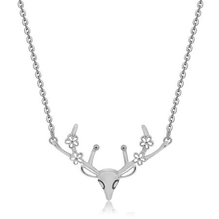 Side view of the silver deer head pendant necklace, highlighting the floral embellishments on the antlers.