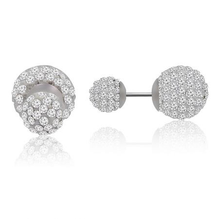A pair of silver ball earrings heavily encrusted with sparkling cubic zirconia, shown against a white background.