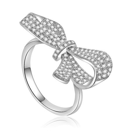 Angled view of the silver diamond bow ring, highlighting the brilliant sparkle of the cubic zirconia stones.