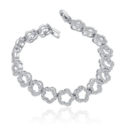 Festival Hollow Flower CZ Bracelet - Festival Hollow Flower CZ Bracelet with interlocking flower-shaped links, crafted from rhodium-plated brass and set with sparkling white cubic zirconia.