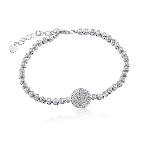 Full view of the rhodium-plated tennis bracelet with its delicate charms and secure clasp.