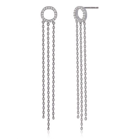 Detailed view of the round disc dangle chain earring showcasing the cubic zirconia setting.