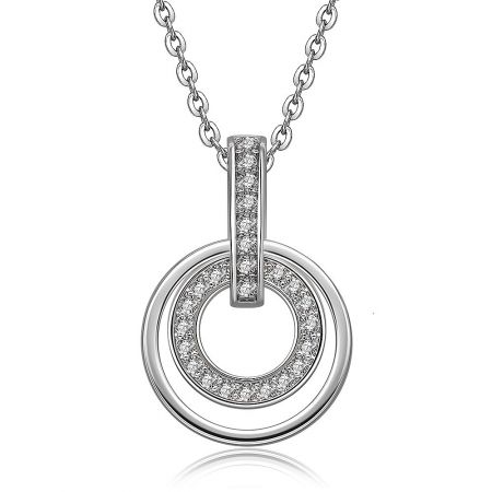 Detailed view of the double-circle pendant design with sparkling cubic zirconia encrustations.
