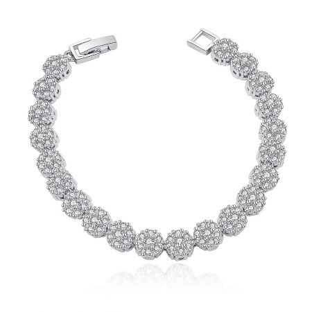 Floral Zirconia Bracelet - A close-up of the Floral Zirconia Bracelet, showcasing its intricate silver design with multiple circular clusters of sparkling cubic zirconia stones.