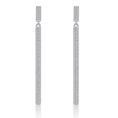 Bar Stick Dangling Earring - A pair of silver bar stick dangling earrings with a minimalist design, adorned with numerous small cubic zirconia stones, against a white background.