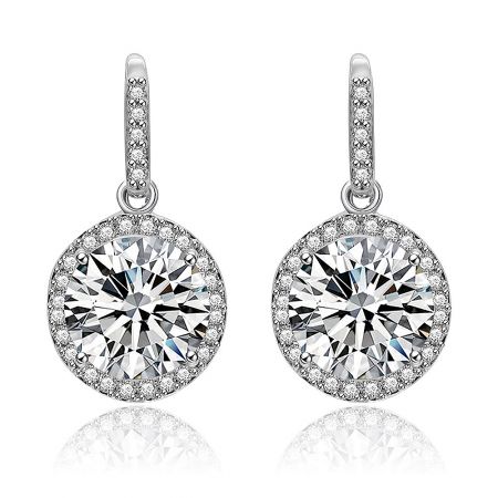 Double Round Dangle Earrings - A close-up view of the Double Round Dangle Earrings, showcasing the rhodium-plated brass setting and a large round cubic zirconia stone surrounded by a halo of smaller stones.