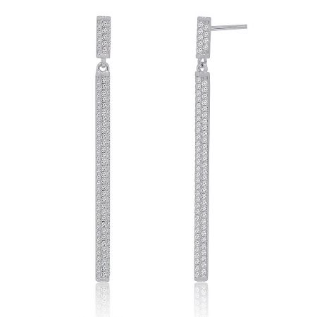 Detailed view of the slender silver bar earrings, highlighting the clear gemstones set along their length.