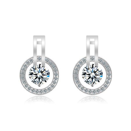 Circle Hoop Post Earrings with Cubic Zirconia - A close-up of the Circle Hoop Post Earrings (BEQ04-R-Z-01180), showcasing the rhodium-plated brass and the brilliant white cubic zirconia stones.