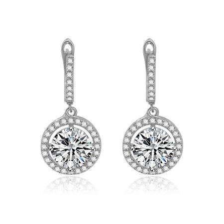 Clear CZ Halo Round Drop Earrings