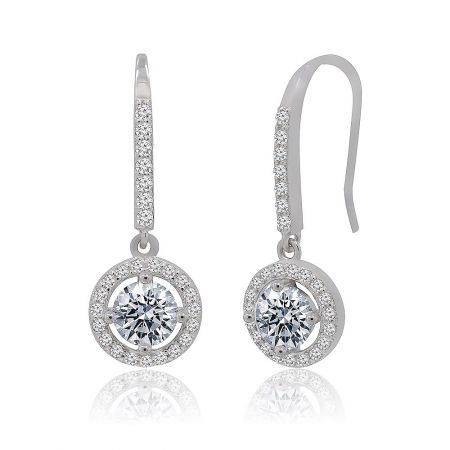 Close-up of a pair of silver diamond earrings with circular pendants.