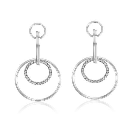 Large Circle Delicate Earrings Rhodium Plated - A pair of Large Circle Delicate Earrings, rhodium-plated with a double-circle design. The inner circle is encrusted with sparkling white Czech crystals.