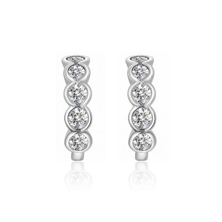 Mini Huggie Earring with Cubic Zirconia - A pair of rhodium-plated brass mini huggie earrings, each featuring four brilliant, bezel-set cubic zirconia stones against a white background.