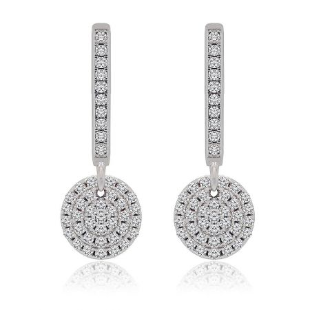 Round Disc Dangle Hook Earrings - A close-up of the Round Disc Dangle Hook Earrings, showcasing the rhodium-plated brass and the intricate spiral pattern of sparkling cubic zirconia stones on the circular pendant.