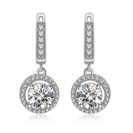 Round Zirconia Earrings With Pave Surround - A close-up of the Round Zirconia Earrings with Pave Surround, showcasing the large central cubic zirconia stone encircled by a halo of smaller sparkling stones and the elegant rhodium-plated finish.